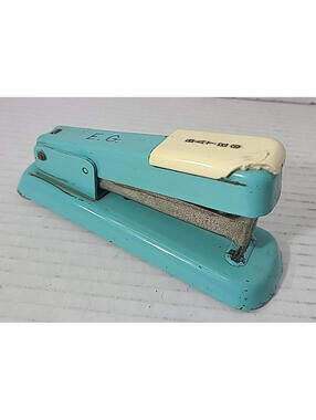 Vintage Bates Mfg Co Metal Stapler Teal In Color With Staples Works, Heavy!